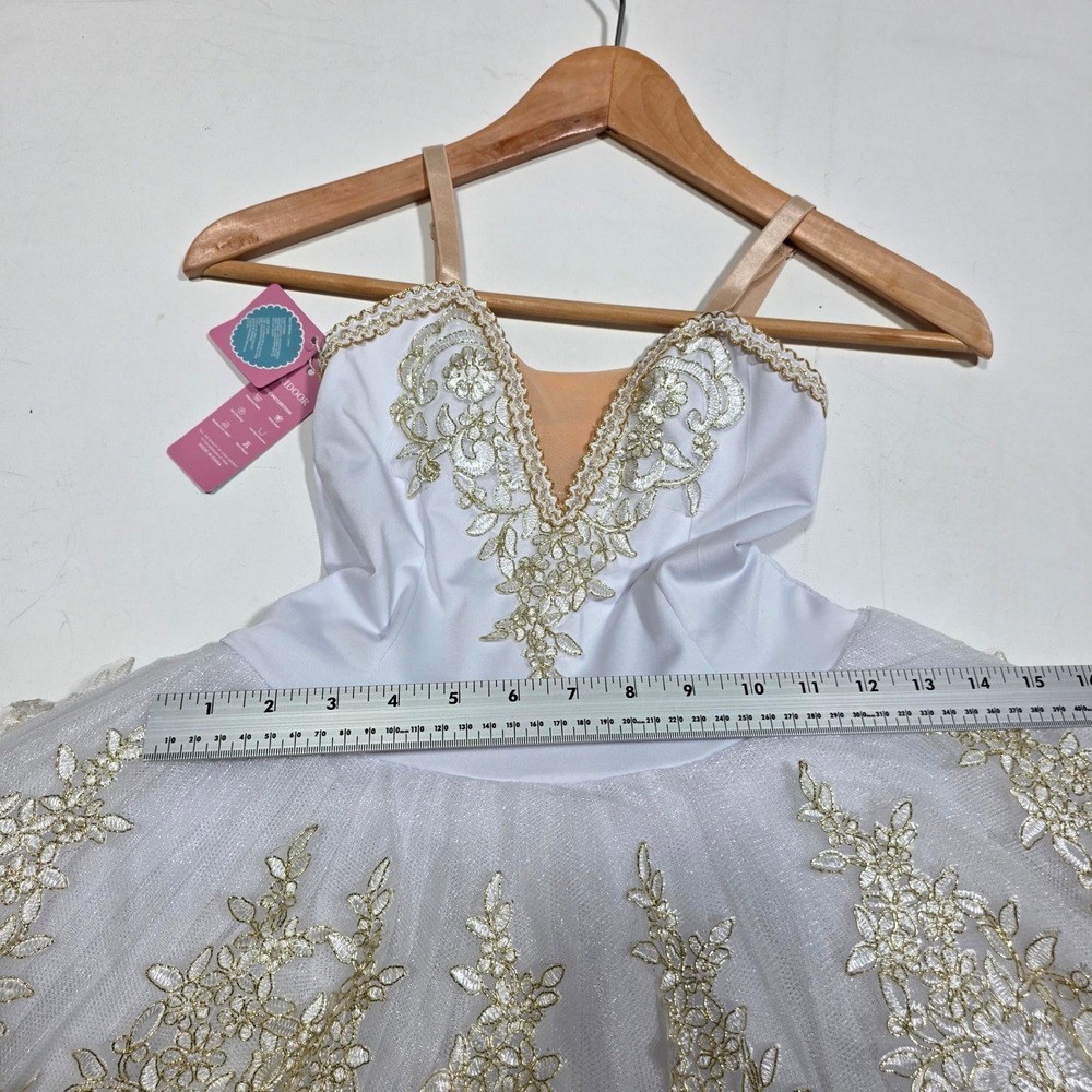 Oridoor Professional Ballet Tutu Girls 130 White Gold Sequin Lace Dance Costume - Picture 5 of 8